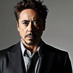 A powerful, inspiring image of Robert Downey Jr. in a moment of triumph, symbolizing his incredible comeback. He stands confidently, with a subtle visual transition from a dark, challenging past (perhaps faded, troubled figures or abstract shadows) on one side, moving into a bright, hopeful future on the other. The lighting is cinematic and uplifting, emphasizing resilience and redemption, with a clear, determined look on his face.