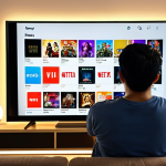 **Prompt:** A person (with a Malaysian aesthetic) in a modern, comfortable living room, intently looking at a large TV screen or tablet. The screen displays a dynamic collage of various popular streaming service logos (like Disney+ Hotstar, Netflix, Astro GO, Viu, iQIYI), with search bars and a glowing search icon. The overall scene conveys a feeling of embarking on a digital treasure hunt for a specific movie, with a mix of anticipation and slight determination. Soft, warm ambient lighting.