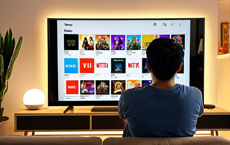 **Prompt:** A person (with a Malaysian aesthetic) in a modern, comfortable living room, intently looking at a large TV screen or tablet. The screen displays a dynamic collage of various popular streaming service logos (like Disney+ Hotstar, Netflix, Astro GO, Viu, iQIYI), with search bars and a glowing search icon. The overall scene conveys a feeling of embarking on a digital treasure hunt for a specific movie, with a mix of anticipation and slight determination. Soft, warm ambient lighting.
