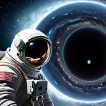 An astronaut in a spacesuit, gazing with profound sorrow at holographic video messages of his children aging rapidly. The setting is a distant, warped planet near a massive, swirling black hole, emphasizing extreme time dilation and the crushing weight of sacrifice in the vast, indifferent cosmos.