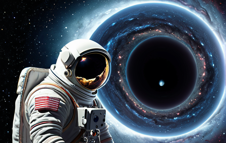 An astronaut in a spacesuit, gazing with profound sorrow at holographic video messages of his children aging rapidly. The setting is a distant, warped planet near a massive, swirling black hole, emphasizing extreme time dilation and the crushing weight of sacrifice in the vast, indifferent cosmos.