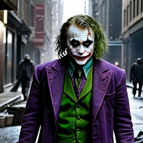 Home 12 A chilling, full-body shot of Heath Ledger's Joker from 'The Dark Knight,' standing amidst the chaotic, dimly lit streets of Gotham. He is depicted with his iconic messy green hair, smudged white and red clown makeup, and prominent Glasgow scars forming a menacing smile. His purple coat is disheveled, and his posture is slightly hunched, embodying his unpredictable and anarchic presence. The atmosphere is dark and gritty, reflecting the psychological tension and unsettling realism of his character.