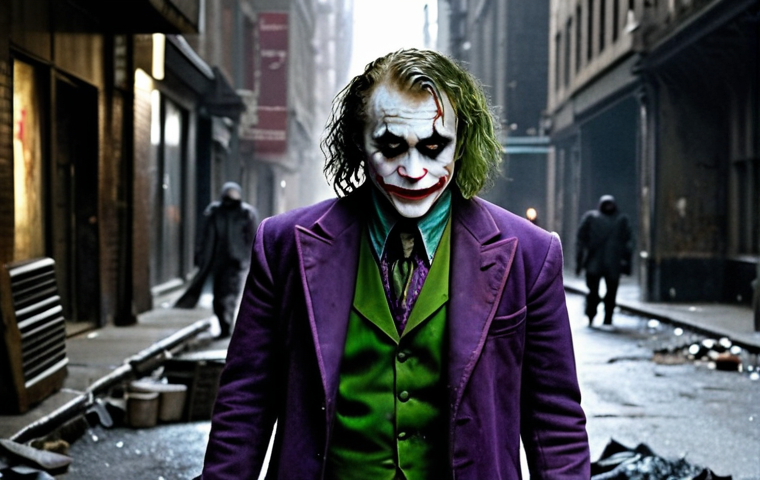 A chilling, full-body shot of Heath Ledger's Joker from 'The Dark Knight,' standing amidst the chaotic, dimly lit streets of Gotham. He is depicted with his iconic messy green hair, smudged white and red clown makeup, and prominent Glasgow scars forming a menacing smile. His purple coat is disheveled, and his posture is slightly hunched, embodying his unpredictable and anarchic presence. The atmosphere is dark and gritty, reflecting the psychological tension and unsettling realism of his character.