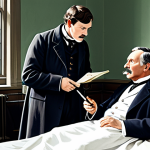 **

A professional-looking illustration of Dr. Joseph Bell mentoring a young Arthur Conan Doyle. Bell is pointing to a patient, explaining his deductive reasoning based on observation. Doyle is taking notes, looking inspired. The scene is set in a late 19th-century Edinburgh hospital ward. Both are fully clothed in appropriate attire, professional setting, safe for work, perfect anatomy, natural proportions, family-friendly.

**