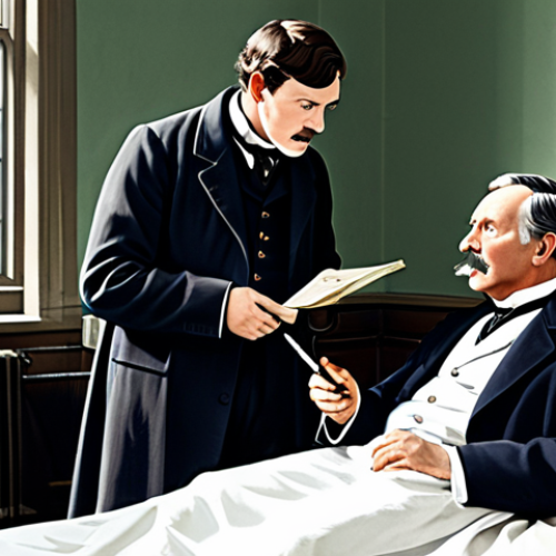 **

A professional-looking illustration of Dr. Joseph Bell mentoring a young Arthur Conan Doyle. Bell is pointing to a patient, explaining his deductive reasoning based on observation. Doyle is taking notes, looking inspired. The scene is set in a late 19th-century Edinburgh hospital ward. Both are fully clothed in appropriate attire, professional setting, safe for work, perfect anatomy, natural proportions, family-friendly.

**