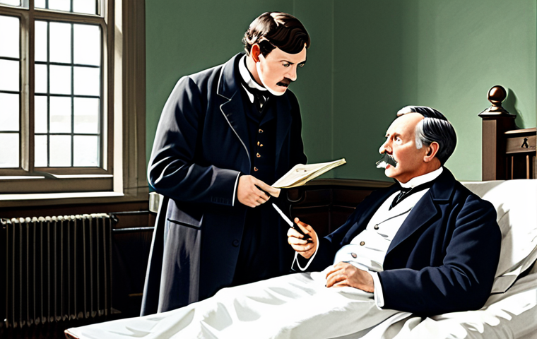 **

A professional-looking illustration of Dr. Joseph Bell mentoring a young Arthur Conan Doyle. Bell is pointing to a patient, explaining his deductive reasoning based on observation. Doyle is taking notes, looking inspired. The scene is set in a late 19th-century Edinburgh hospital ward. Both are fully clothed in appropriate attire, professional setting, safe for work, perfect anatomy, natural proportions, family-friendly.

**
